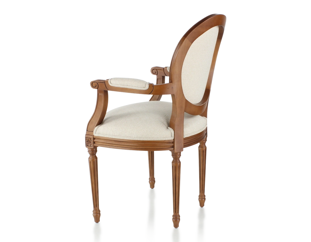 Chaise ancienne style Louis XVI avec accoudoirs bois teinte ancienne et tissu chevron beige Chaise ancienne style Louis XVI avec accoudoirs bois teinte ancienne et tissu chevron beige