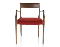 Chaise scandinave avec accoudoirs bois teinte marron foncé assise tissu bordeaux Chaise scandinave avec accoudoirs bois teinte marron foncé assise tissu bordeaux
