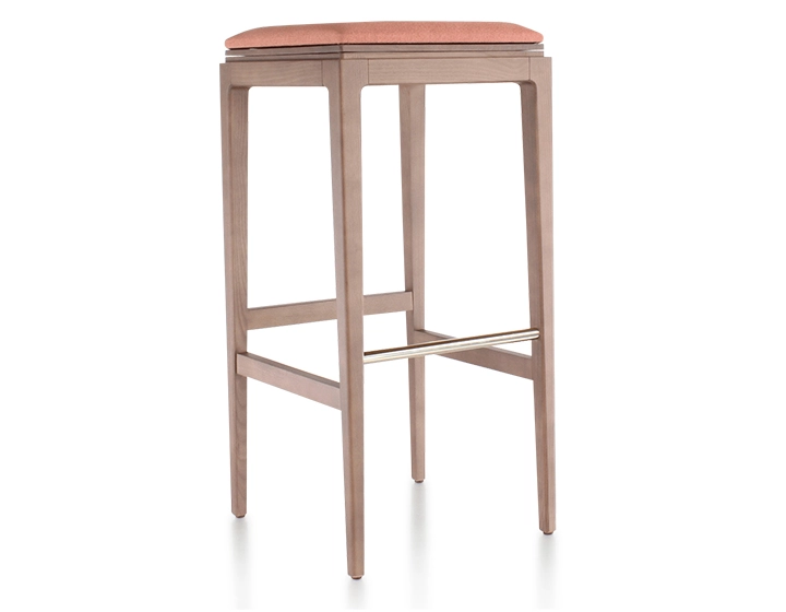 Tabouret de bar design H80 cm bois teinte noyer assise tissu rose corail Tabouret de bar design H80 cm bois teinte noyer assise tissu rose corail