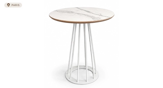 Table bistrot ronde en chêne et métal teinte naturelle et plateau céramique effet marbre blanc 60x60
