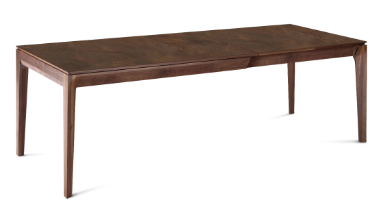 Table extensible 8 à 12 personnes en noyer et céramique allonges céramique avec bois teinte naturelle et plateau et allonges céramique brun oxydé 180x100 cm