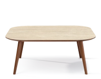 Table basse carré aux angles arrondis F2 en noyer et céramique bois teinte naturelle plateau céramique effet pierre travertin 90x90x40 cm