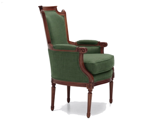 Sillón bergère estilo Luis XVI bois teinte ancienne et tissu vert foncé