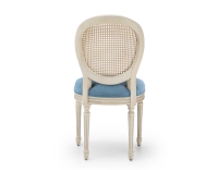 Louis XVI style antique chair wood with white cerused finish, caned backrest, and blue denim seat. Louis XVI style antique chair wood with white cerused finish, caned backrest, and blue denim seat.