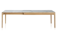 Table extensible 8 à 12 personnes en chêne et céramique allonges céramique avec bois teinte naturelle et plateau et allonges céramique effet marbre blanc 160x100 cm