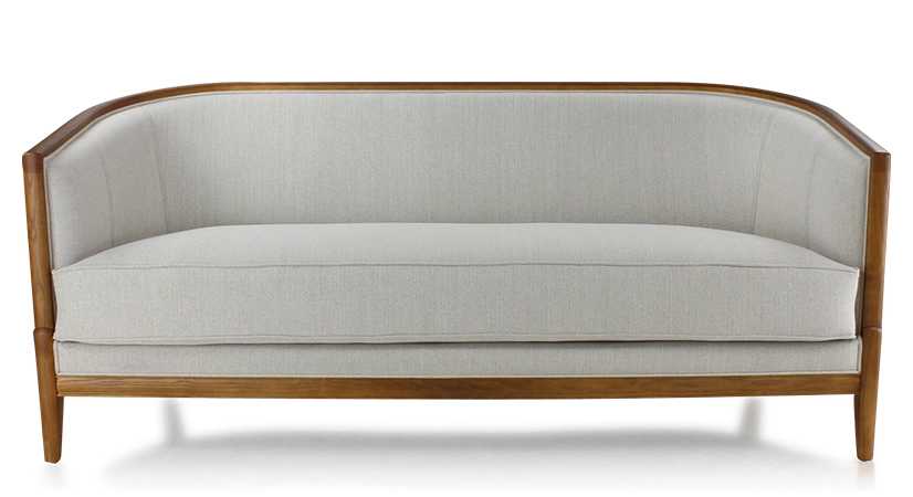 Canapé ancien 3 places bois teinte merisier et tissu beige naturel Canapé ancien 3 places bois teinte merisier et tissu beige naturel