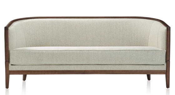 Canapé ancien 3 places bois teinte noyer et tissu beige naturel