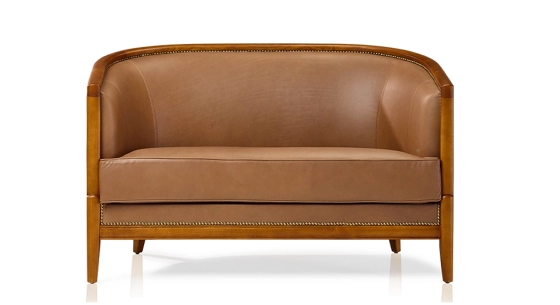 Canapé vintage 2 places bois teinte meriser et cuir noisette