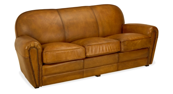3 seater leather club sofa cognac studded armrests