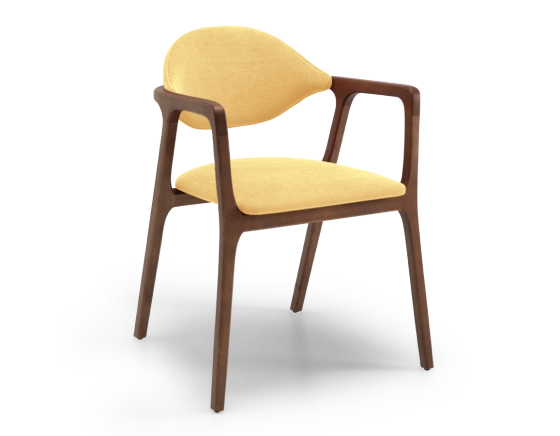 Designer armchair dark brown stained wood and yellow fabric