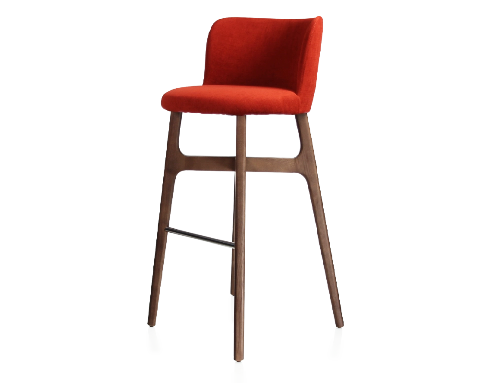 Bar stool h80 cm dark brown stained wood, burnt orange fabric seat Bar stool h80 cm dark brown stained wood, burnt orange fabric seat