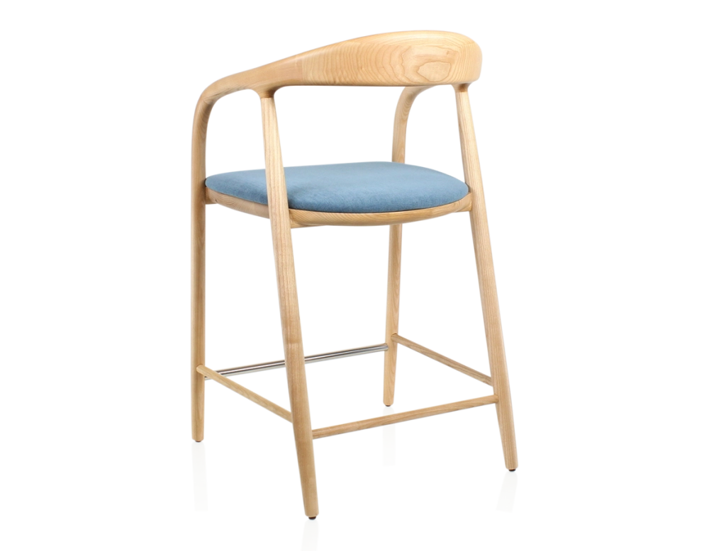Tabouret de bar H60 cm bois teinte naturelle et tissu bleu jean Tabouret de bar H60 cm bois teinte naturelle et tissu bleu jean