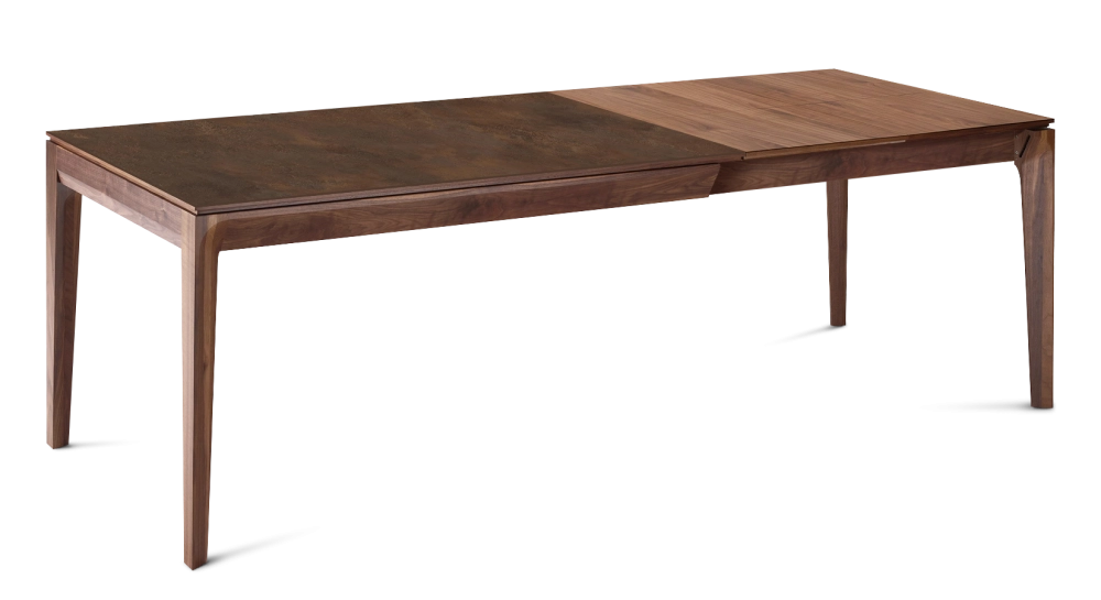 Table extensible 8 à 12 personnes en noyer et céramique allonges bois avec bois teinte naturelle et plateau céramique brun oxydé 160x100 cm Table extensible 8 à 12 personnes en noyer et céramique allonges bois avec bois teinte naturelle et plateau céramique brun oxydé 160x100 cm