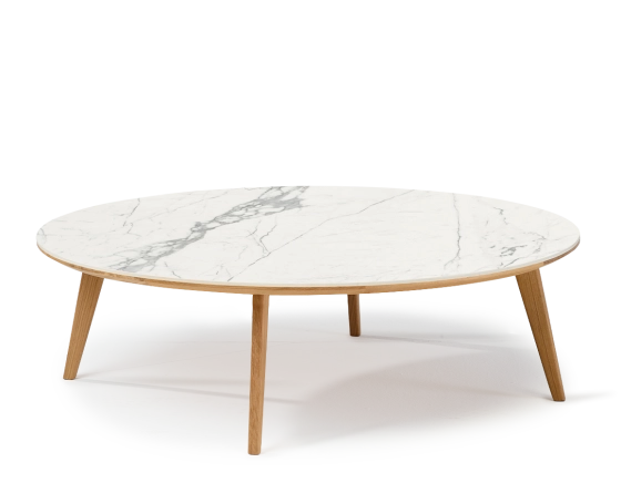 Round coffee table F1 in oak and ceramic wooden tray with a natural finish and a white marble-effect ceramic top m1. 120x120x30 cm