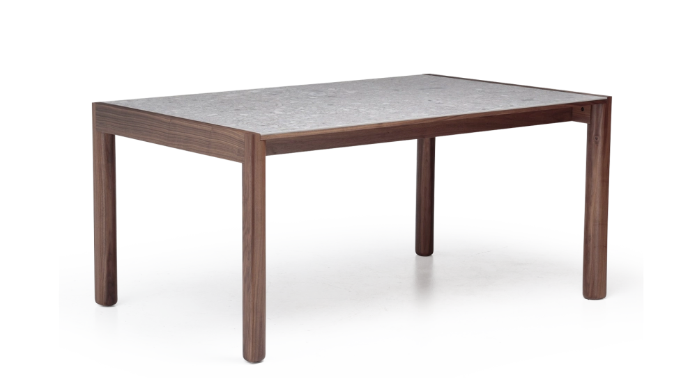 Extending table for 8 to 12 people in walnut and ceramic with ceramic extensions natural wood finish and grey terrazzo effect ceramic 180x100 cm Extending table for 8 to 12 people in walnut and ceramic with ceramic extensions natural wood finish and grey terrazzo effect ceramic 180x100 cm