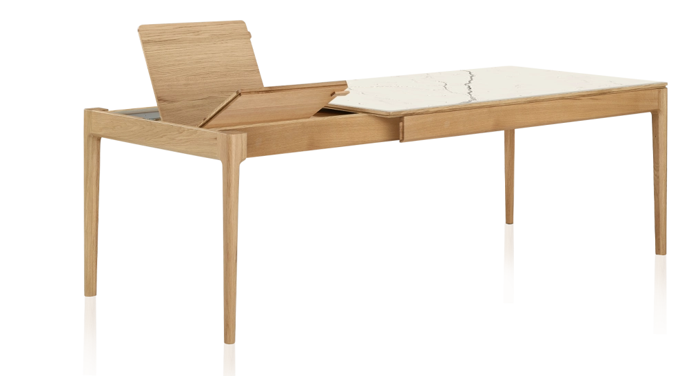 Extendable table for 8 to 14 people in oak and ceramic with wooden extensions with natural stained wood and white marble effect ceramic top 210x100 cm Extendable table for 8 to 14 people in oak and ceramic with wooden extensions with natural stained wood and white marble effect ceramic top 210x100 cm