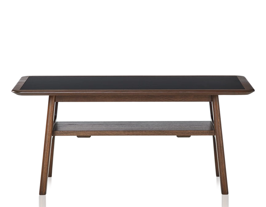 Table basse rectangulaire en chêne et céramique avec bois teinte marron foncé plateau céramique noir unie 100x50 cm
