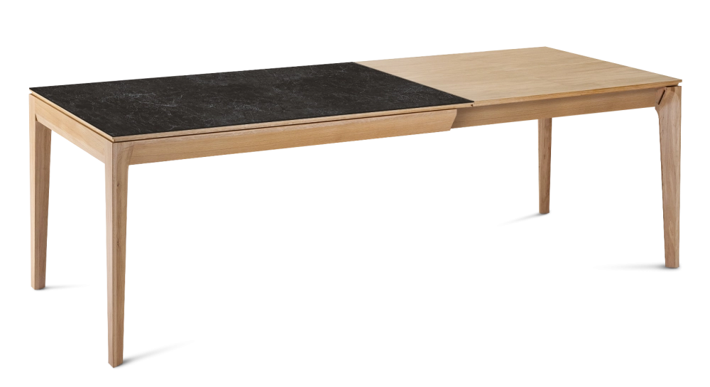 Table extensible 8 à 12 personnes en chêne et céramique allonges bois avec bois teinte naturelle et plateau céramique effet ardoise 160x100 cm Table extensible 8 à 12 personnes en chêne et céramique allonges bois avec bois teinte naturelle et plateau céramique effet ardoise 160x100 cm