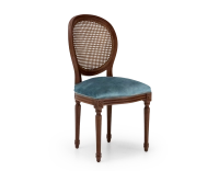 Louis XVI style antique chair dark brown stained wood with cane backrest and petrol blue velvet seat. Louis XVI style antique chair dark brown stained wood with cane backrest and petrol blue velvet seat.