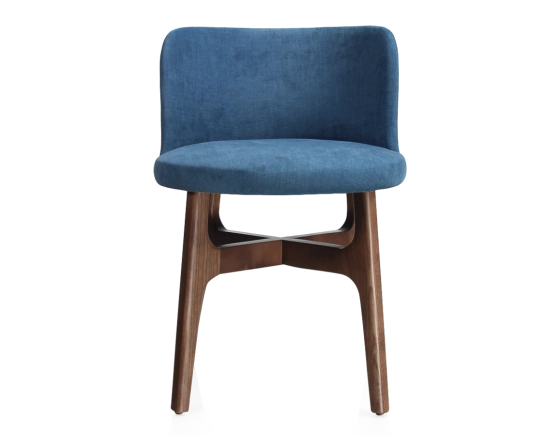 Designer chair dark brown stained wood, denim blue fabric seat