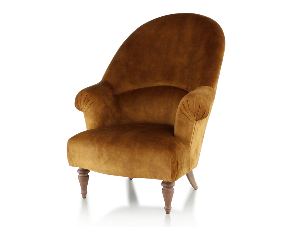 Fauteuil crapaud avec accoudoirs pieds bois teinte noyer et tissu velours bronze haut dossier Fauteuil crapaud avec accoudoirs pieds bois teinte noyer et tissu velours bronze haut dossier