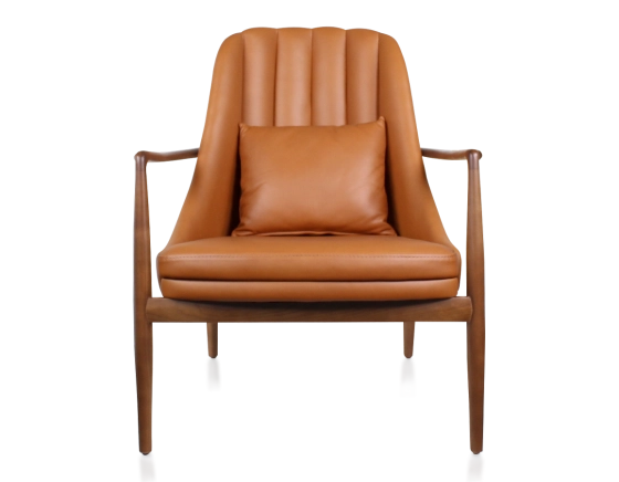 Fauteuil scandinave bois teinte merisier et cuir caramel