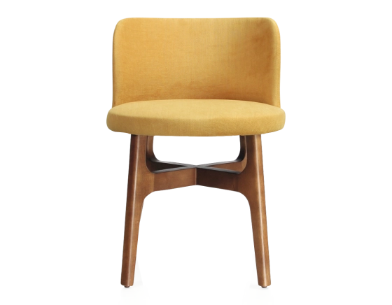 Chaise design bois teinte merisier assise tissu jaune