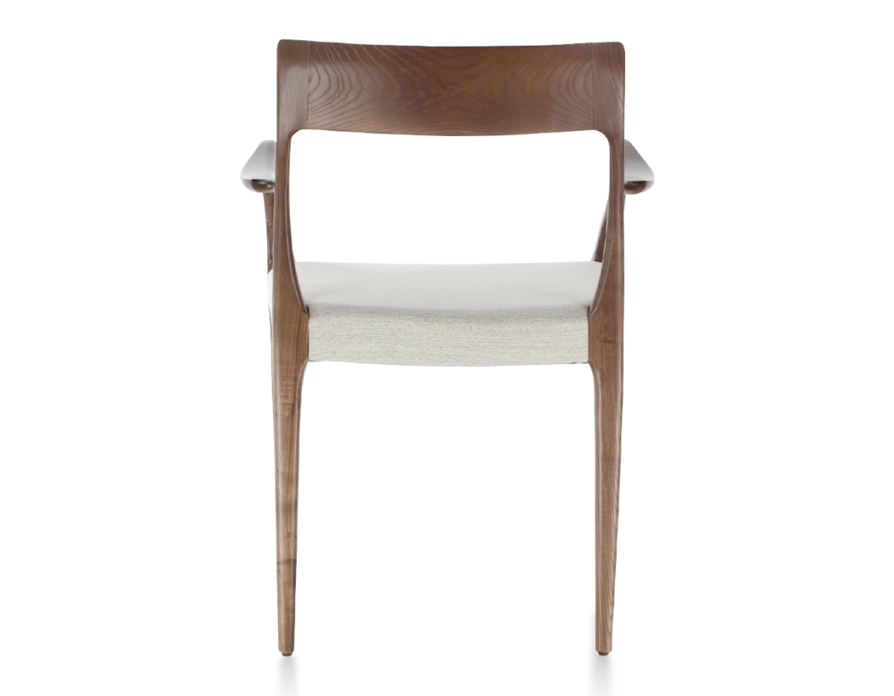Chaise scandinave avec accoudoirs bois teinte marron foncé assise tissu beige naturel Chaise scandinave avec accoudoirs bois teinte marron foncé assise tissu beige naturel