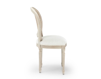 Chaise ancienne style Louis XVI bois teinte blanche cérusée dossier canné assise tissu bouclé blanc Chaise ancienne style Louis XVI bois teinte blanche cérusée dossier canné assise tissu bouclé blanc