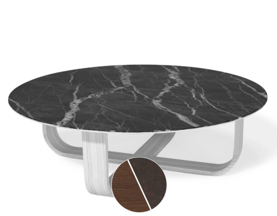 Round coffee table in oak and ceramic with dark brown stained wood, oxidised brown ceramic top 120 cm