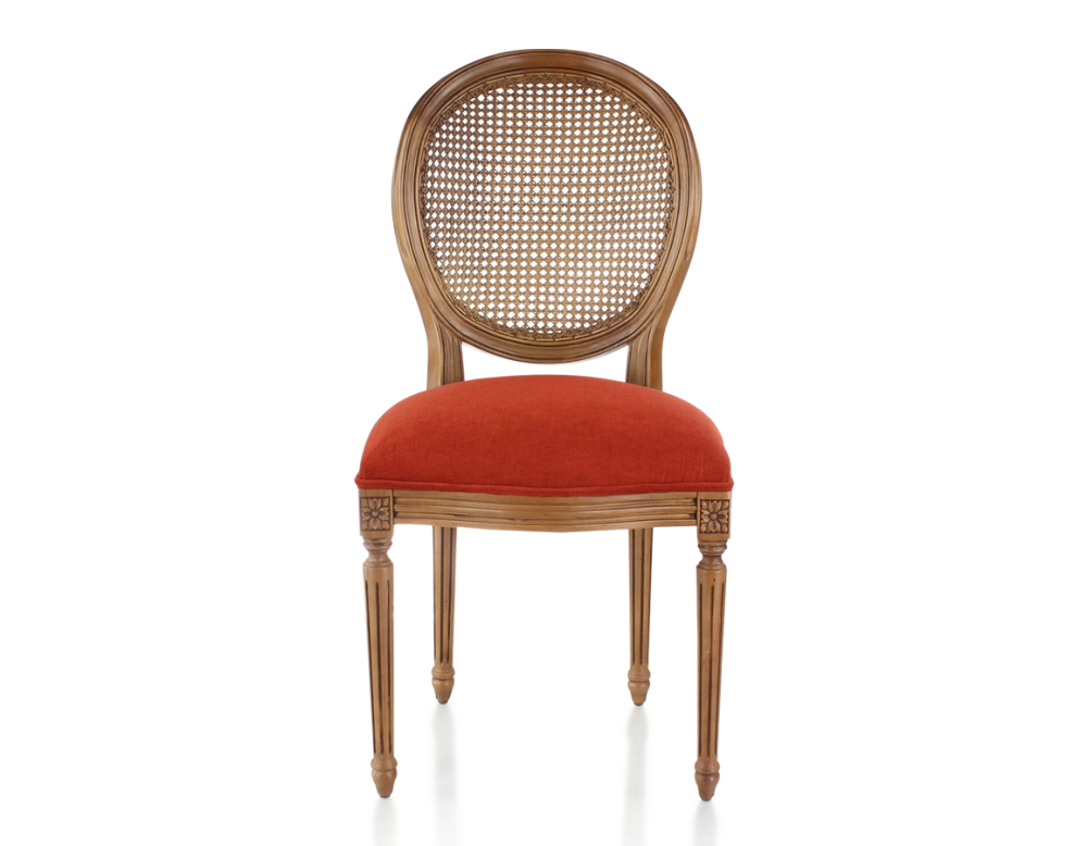 Chaise ancienne style Louis XVI bois teinte ancienne dossier canné assise tissu orange brulé Chaise ancienne style Louis XVI bois teinte ancienne dossier canné assise tissu orange brulé
