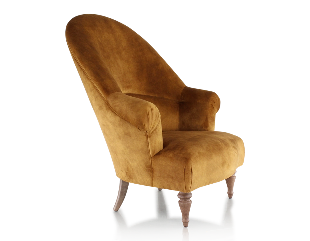 Fauteuil crapaud avec accoudoirs pieds bois teinte noyer et tissu velours bronze haut dossier Fauteuil crapaud avec accoudoirs pieds bois teinte noyer et tissu velours bronze haut dossier