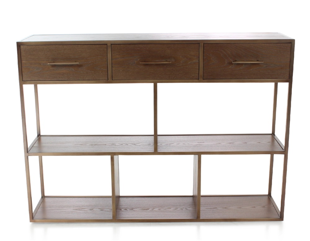 Console design frêne teinte marron foncé et métal patine laiton Console design frêne teinte marron foncé et métal patine laiton