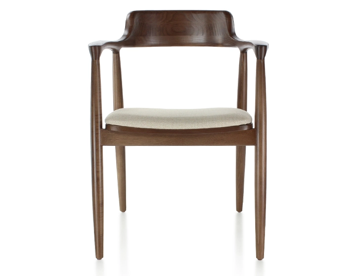 Chaise scandinave bois teinte marron foncé assise tissu chevron beige Chaise scandinave bois teinte marron foncé assise tissu chevron beige