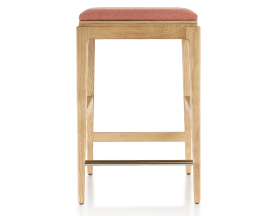 H60 cm designer bar stool natural wood stain coral pink fabric seat