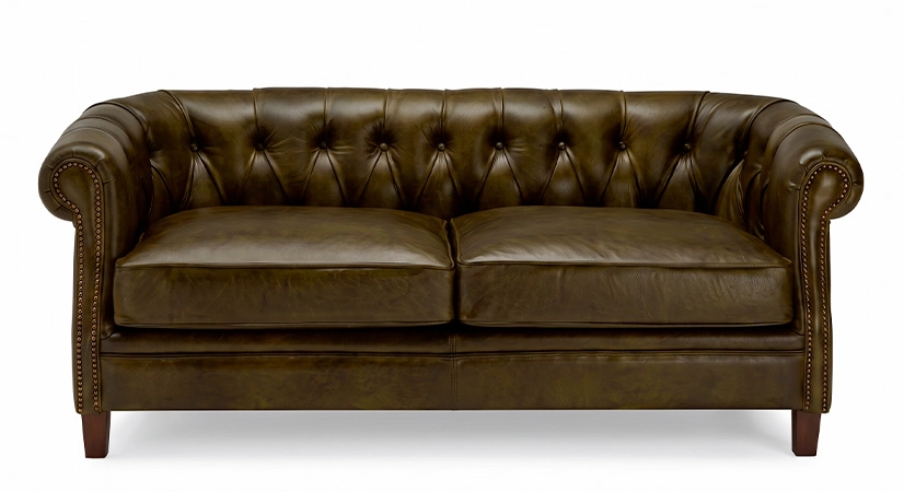 2 seater Chesterfield leather sofa olive green studded armrests