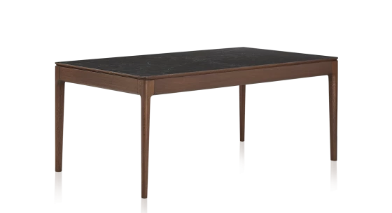 Table salle à manger en chêne et céramique avec bois teinte marron foncé et plateau céramique effet ardoise 140x90 cm