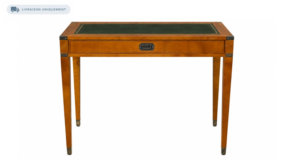 Bureau marine 1 tiroir bois teinte merisier et cuir vert