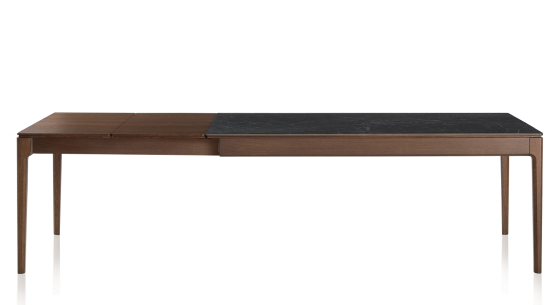 Extendable table for 8 to 14 people in oak and ceramic with wooden extensions with dark brown stained wood and slate effect ceramic top 210x100 cm