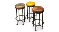 Lot de 3 tabourets de bar vintage cuir jaune, marron soutenu et vert olive