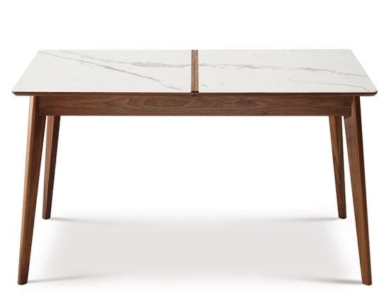 Table salle à manger en noyer et céramique 8 personnes avec bois teinte naturelle et plateau céramique effet marbre blanc 180x100 cm