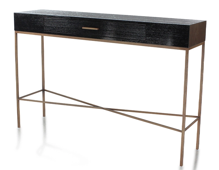 Console design frêne laqué noir et métal patine laiton 100 cm Console design frêne laqué noir et métal patine laiton 100 cm
