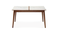 Table salle à manger en noyer et céramique avec bois teinte naturelle et plateau céramique effet marbre blanc 140x100 cm