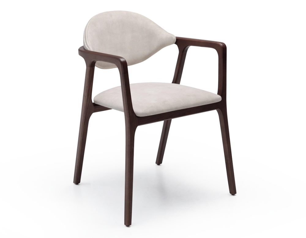 Designer armchair dark brown stained wood and sand velvet fabric. Designer armchair dark brown stained wood and sand velvet fabric.