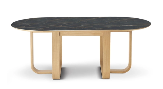 10 person oak and ceramic dining table with natural stained wood and black marble effect ceramic top 250x100 cm