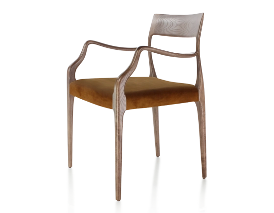 Chaise scandinave avec accoudoirs bois teinte marron foncé assise tissu velours bronze