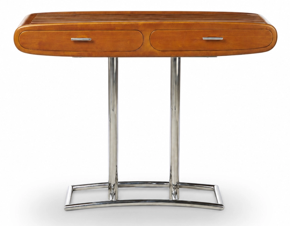 Consola art déco de dos cajones métal et bois teinte merisier