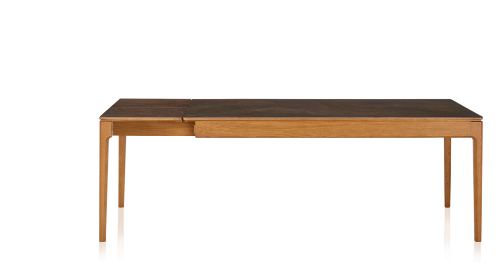 Table extensible 8 à 14 personnes en chêne et céramique allonges céramique avec bois teinte merisier et plateau et allonges céramique brun oxydé 210x100 cm