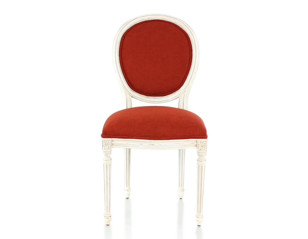 Chaise ancienne style Louis XVI bois teinte blanche cérusée et tissu orange brulé Chaise ancienne style Louis XVI bois teinte blanche cérusée et tissu orange brulé