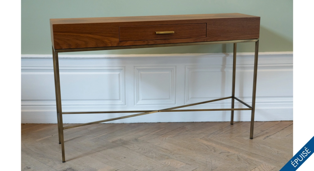 Console design en noyer massif et laiton véritable Console design en noyer massif et laiton véritable